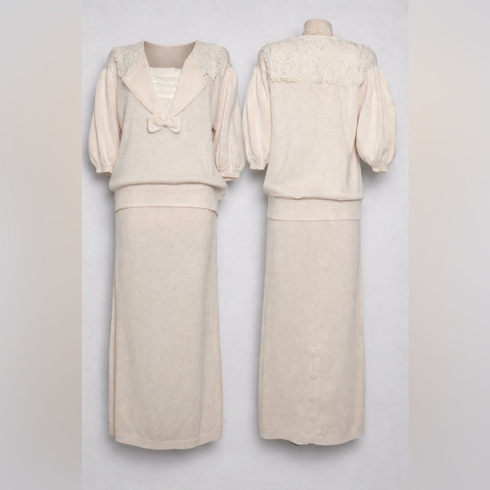 Vintage Scott McClintock Lace Collar Knit Skirt Set Large
